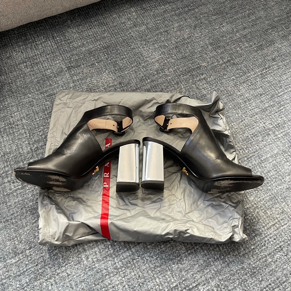 Prada Black/Silver Bicolor Open-Toe Block-Heel Sa… - image 4